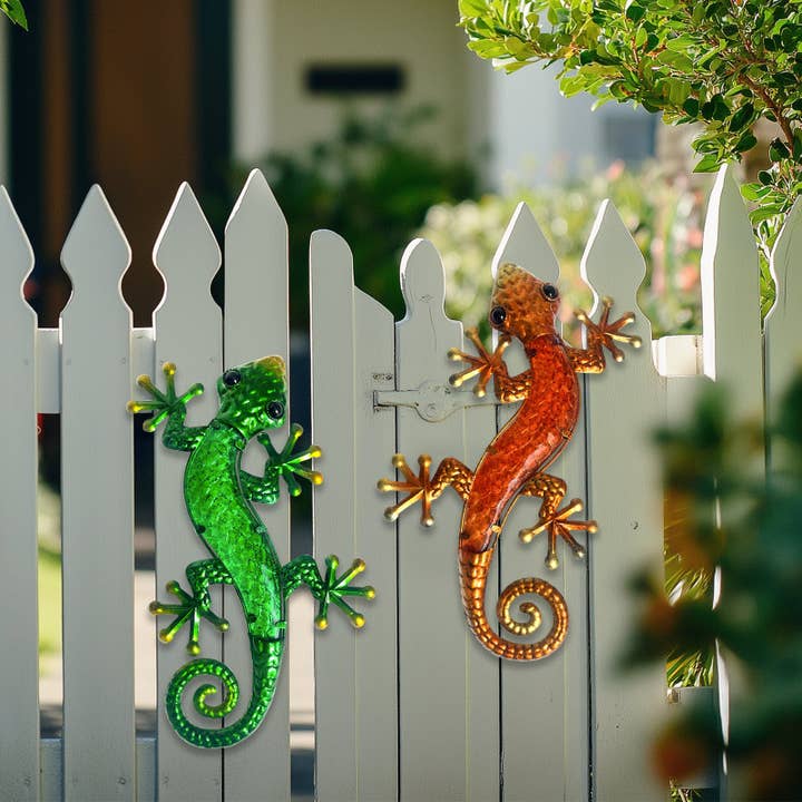 Metal Wall Lizard Decor Set of 2 Green Orange Outdoor Art for wholesale by Liffy
