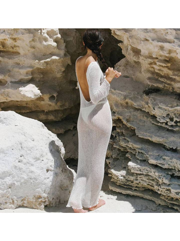 Sweetkama - Wholesale Swim Cover Up - Women's - Ladies See Sheer Backless Knit Maxi Dress Beach Cover 12261