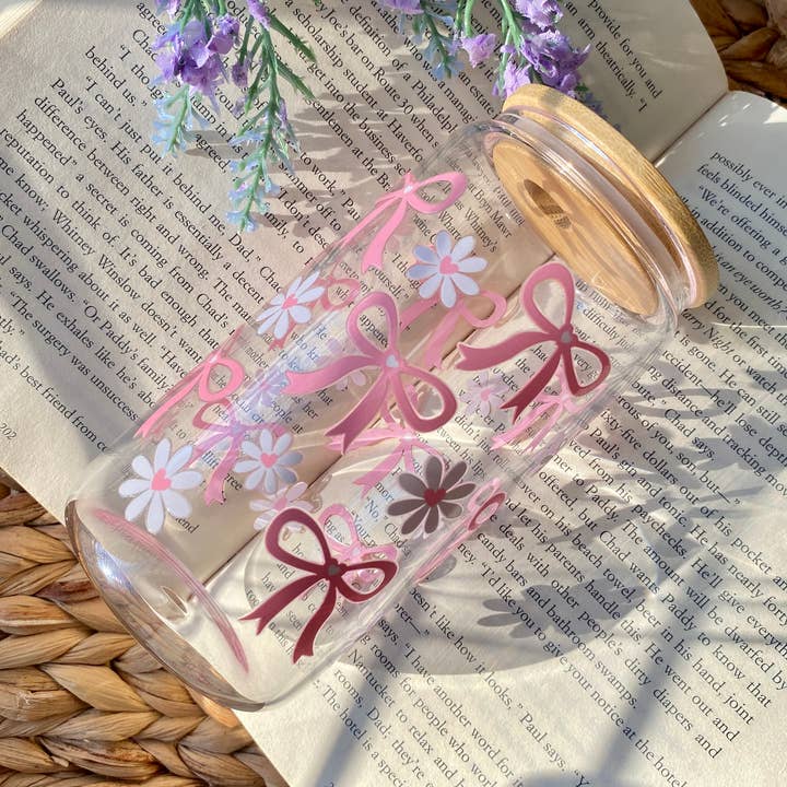 Simple Pink Bow Mug Iced Coffee Glass Cup with Lid and Straw for wholesale by Emilee on Crafts