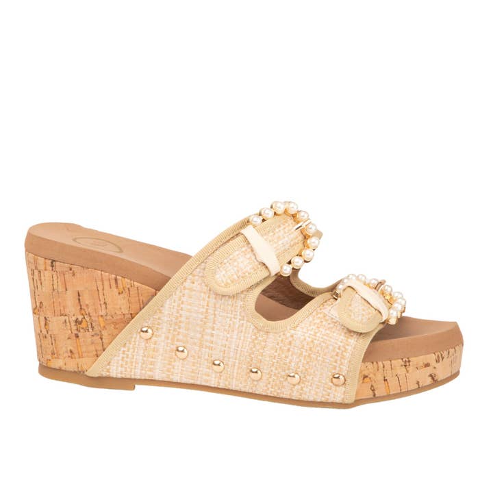 BRIANNA Pearl Double Buckle Slip On Cork Women Sandal for wholesale by Maker's Shoes