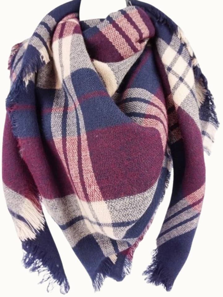 Plaid Blanket Scarf, 52" x 52" Square, Burgundy/Navy for wholesale by Olive & Pique