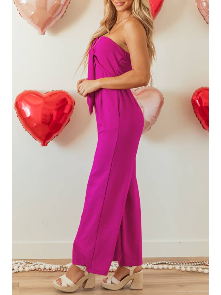Bright Pink Bow Strapless Wide Leg Jumpsuit for wholesale on Faire