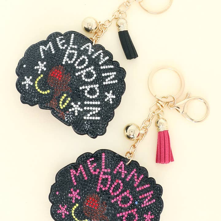 Jeweled Melanin Poppin Fringe Jingle Keychain for wholesale by SP Sophia Collection