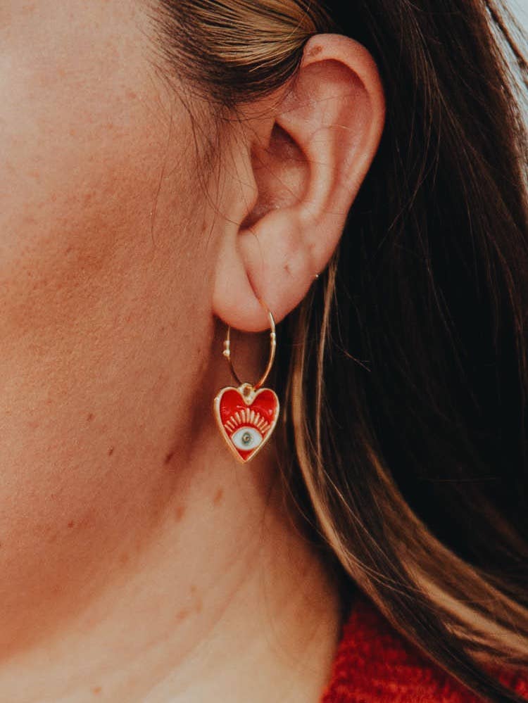 Golden Hour Designs - Venta al por mayor Pendientes de aro - Pendientes de Aro Corazón de Protección - Ojo Turco, Esmalte, Místico3