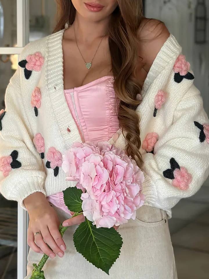 cute little rose ball 3D flower knit cardigan for wholesale by Rosa Clothing