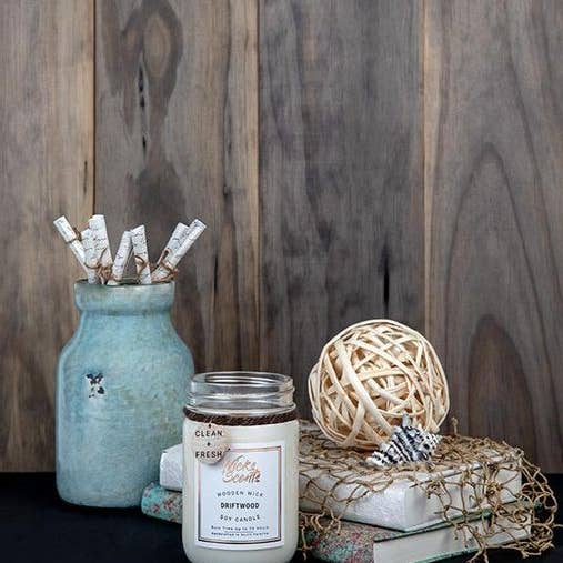 Wicks + Scents - Vente Bougie en bocal - Driftwood - Bougie de soja à mèche en bois - 12 oz2