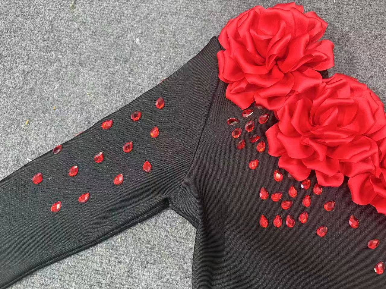 Black 43Y 3D Floral One-Shoulder Bandage Gown with Crystal Detail for wholesale on Faire3