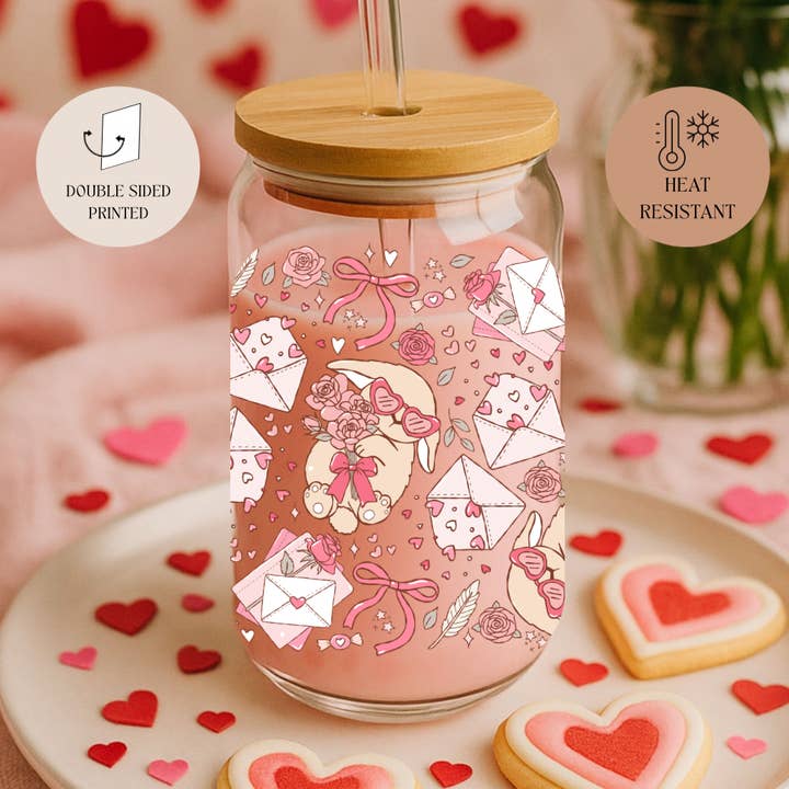 Vaso de Cristal de Doble Cara con Conejito de San Valentín + Tapa y Pajita para venta al por mayor de the cute cloud