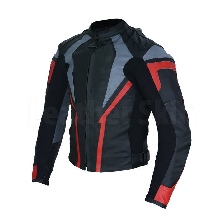 Chaqueta motera negra con rayas grises y rojas para hombre para venta al por mayor de Leather Skin Shop