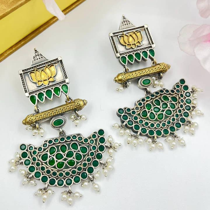 Green Lotus Pearl Dangle Earrings Oxidized Boho Style for wholesale by Vastrabhushan