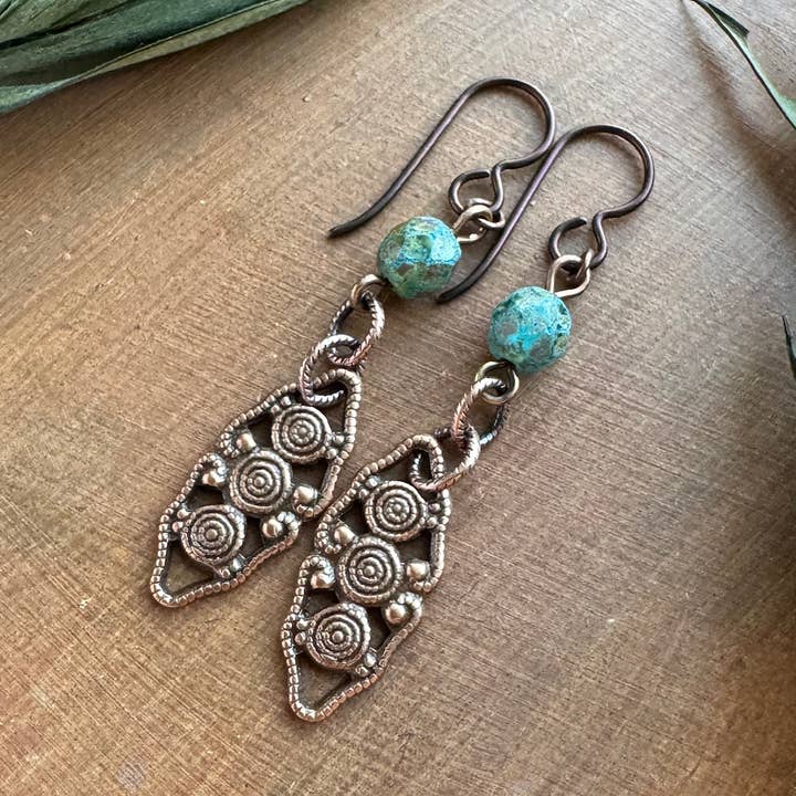 Earthy Teal Picasso Old World Filigree Earrings Niobium Wire for wholesale by Vintage Earth