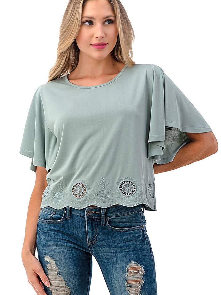 Top de Malha Borboleta com Bainha Bordada por atacado de Woven Pink