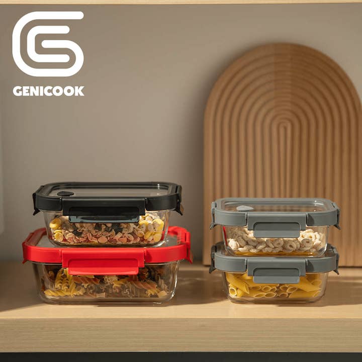 Genicook Product LLC - Wholesale Food Storage Container - Genicook Borosilicate Tempered Glass Food Storage Containers with Pro Grade Locking Glass Lids, Rectangle Shape - 8 pc Set (4 Containers -4 Matching Lids)