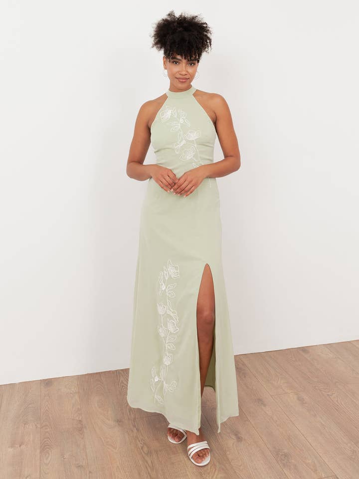 Maya Meadow Green Embroidered Halter Neck & Keyhole Back Maxi Dress for wholesale by Plaza Collection Ltd