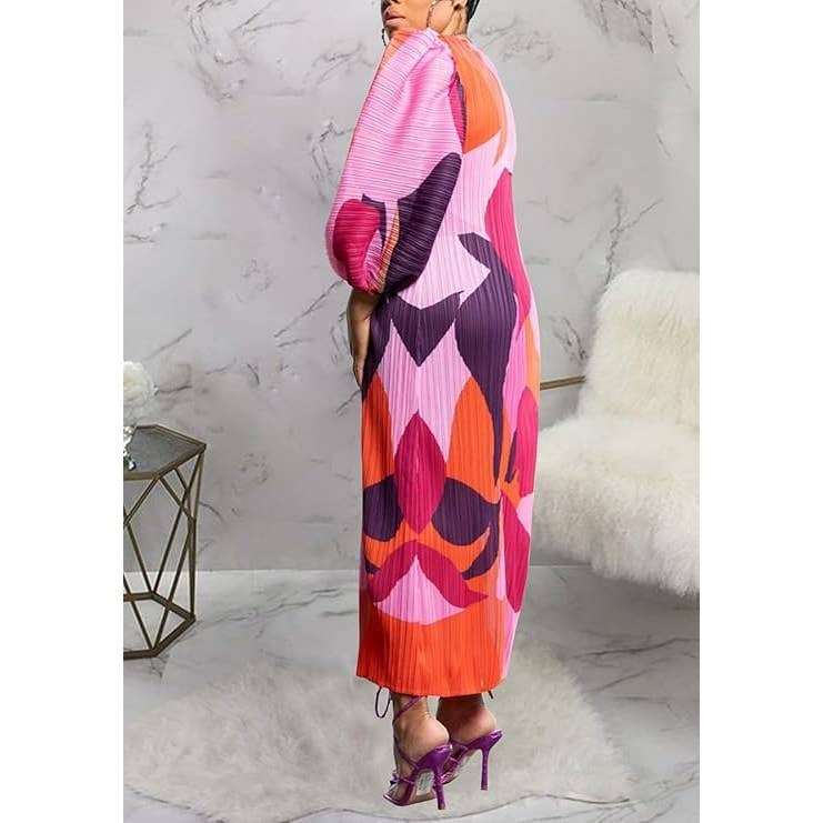 DORCAS – Großhandel Kleid – Damen – Buntes Maxikleid mit Puffärmeln und Faltenrock7