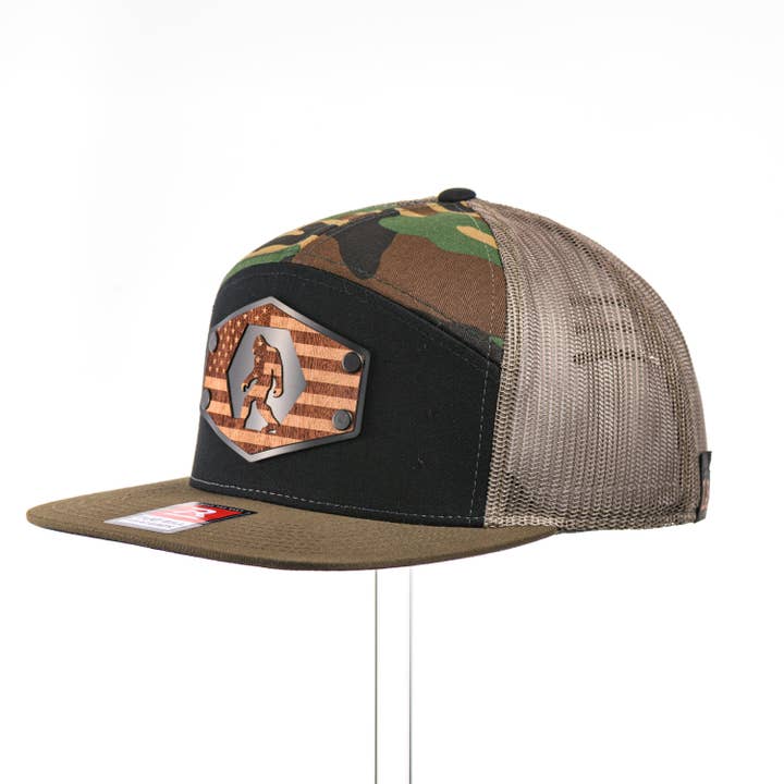 Last Best Supply Co - Wholesale Trucker Hat - Unisex - Mahogany Wood Bigfoot American Flag Patch Camo Flat Bill Hat1