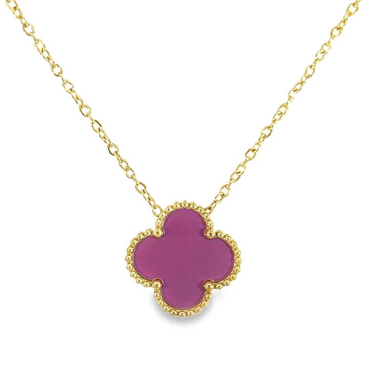 Double Sided Green and Purple Four Leaf Clover Pendant for wholesale by Byzantium Collection Ltd