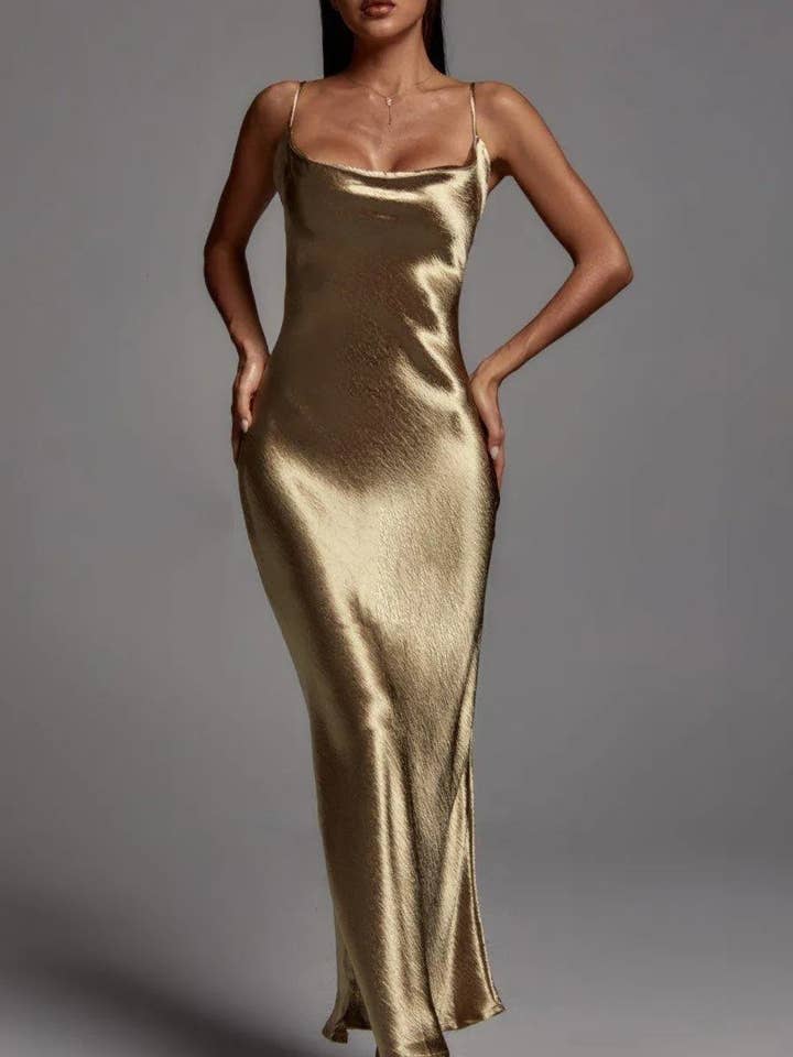 Metallic Satin Sexy Open Back Cowl Slip Dress Prom dress for wholesale by Rosa Clothing