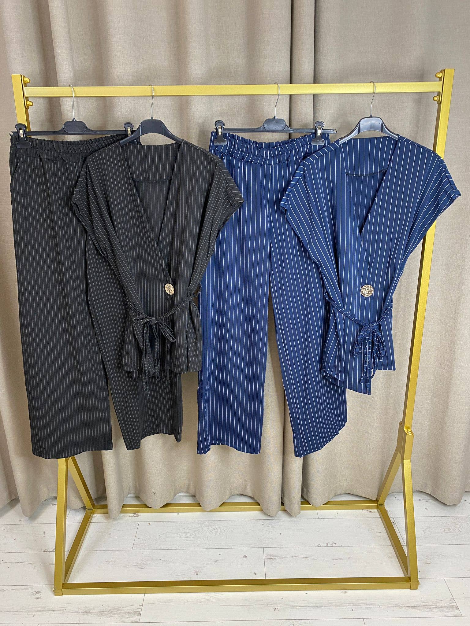 My Winners Direct – wholesale Top & pants set (NOT Loungewear) – Women's – Numidia Stripe Gold Button Waistcoat and Wide Leg Trousers Co-Ord Set0