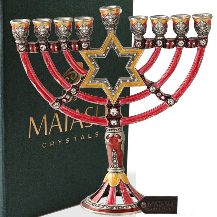 Candelabro smaltato dipinto a mano con motivo Menorah Star of David per la vendita all'ingrosso da parte di Matashi