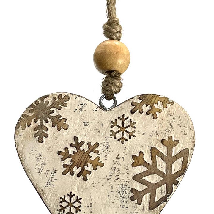 Jafsons International - Wholesale Christmas Decoration - Mango Wood Ornament - Heart Snowflakes Vintage White 4"0