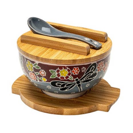 Dragonfly Tombo 28oz 6"D Bowl With Chopsticks, Spoon Bamboo Lid and Trivet Set (1/8) for wholesale by Urban Tokyo