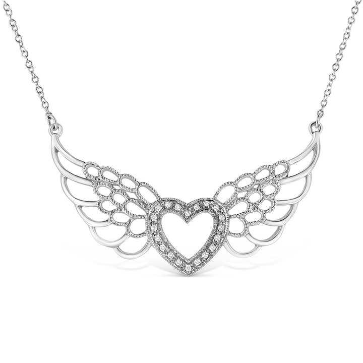 Silver Pave-set Diamond Accent Fairy Wing Heart Pendant for wholesale by Infinite Jewels