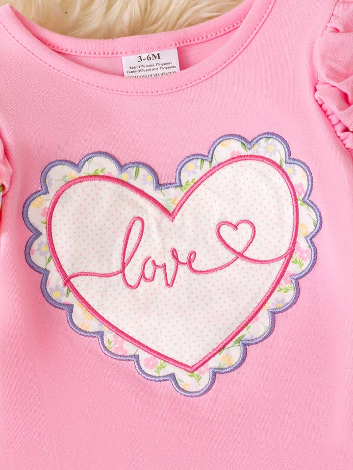 Kids Charm Online - Wholesale Bodysuit (Non-Footed) - Baby - Pink Love, heart applique baby onesie with ruffle butt. RPG60025 JEAN2
