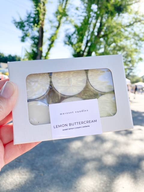 Lemon Buttercream- 6 pack soy tealights for wholesale by Moonset Candles