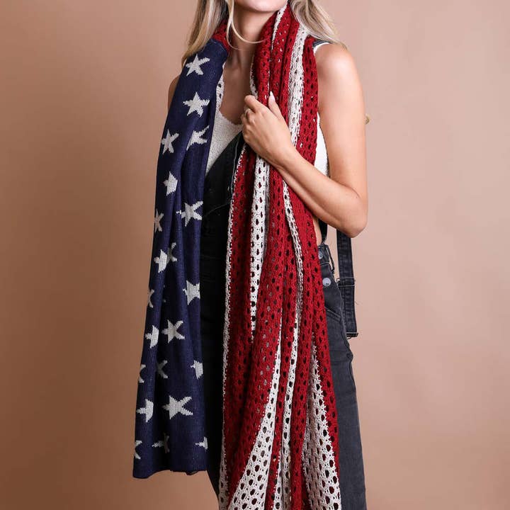 Leto Accessories - Wholesale Scarf - Women's - Netted Oversized American Flag Knit Blanket Scarf πΊπΈ2