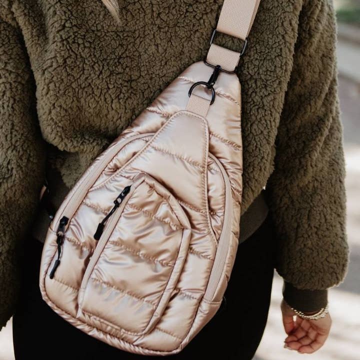 Champagne Metallic Wholesale Sling Bag Women for wholesale by Katydid