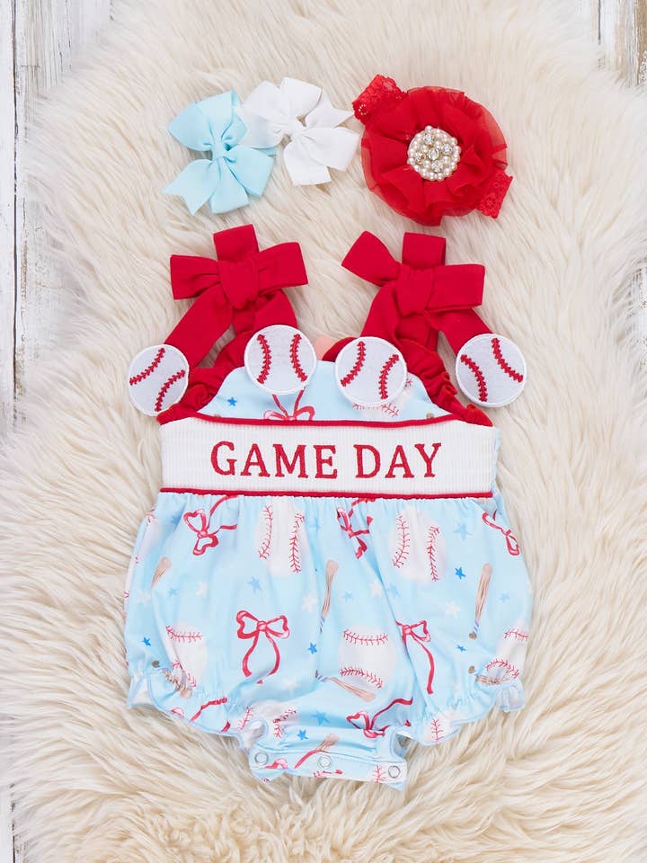 Ballpark Bows Game Day Smocked Bubble Romper for wholesale by Marie Nicole Clothing