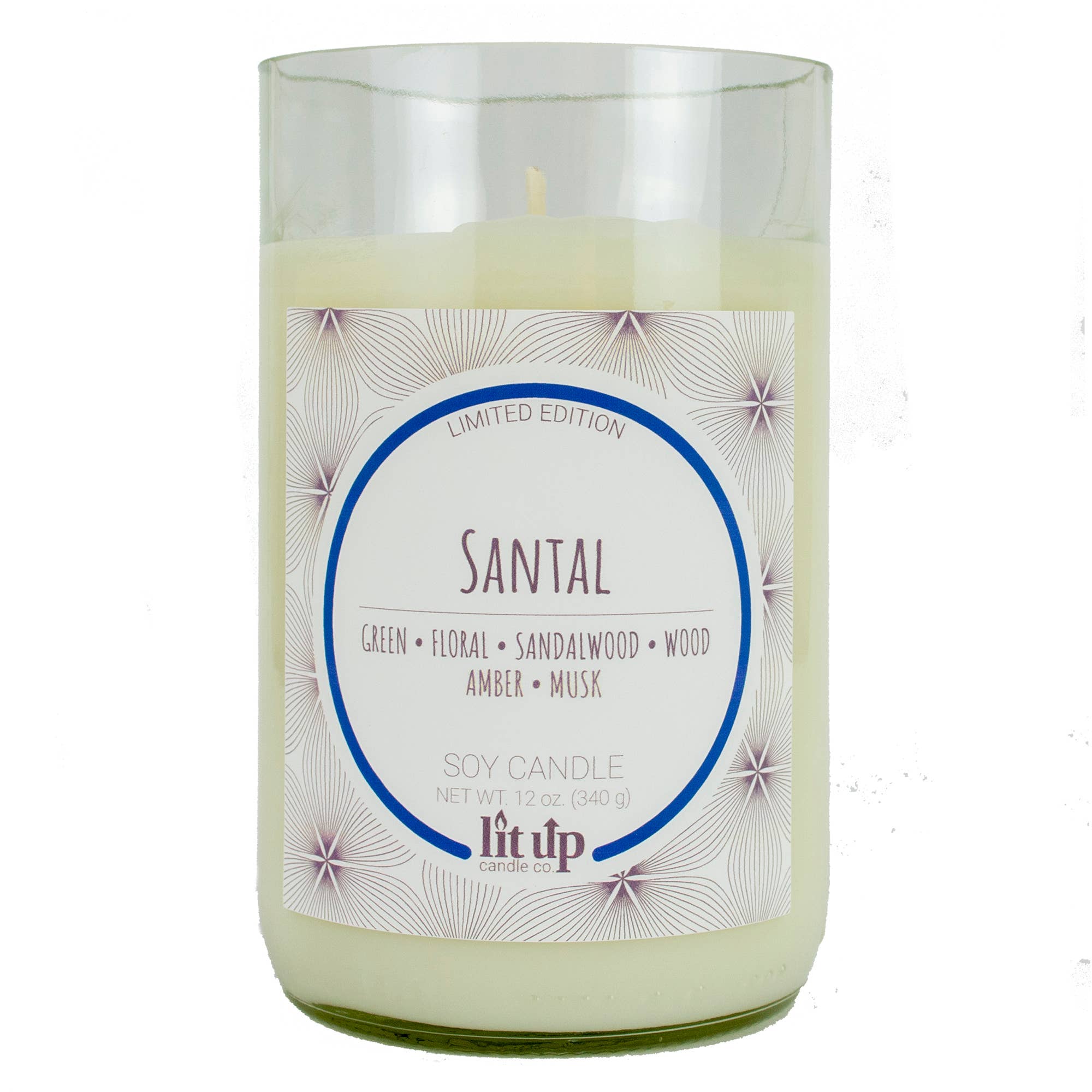 Lit Up Candle Co. – wholesale Jar/filled candle – Santal scented 12 oz. soy candles in upcycled wine bottles1