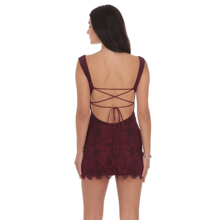Lucy In The Sky - Wholesale Dress - Women's - Lace Open Back Bodycon Dress in Burgundy1