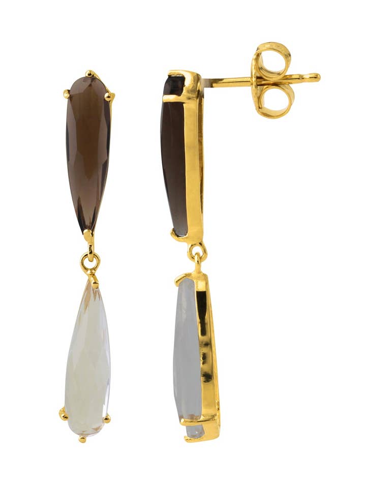 Sølvørestikker, 18kt guldbelagt, med bjergkrystal & røgkvarts for engroshandel hos Campur GmbH