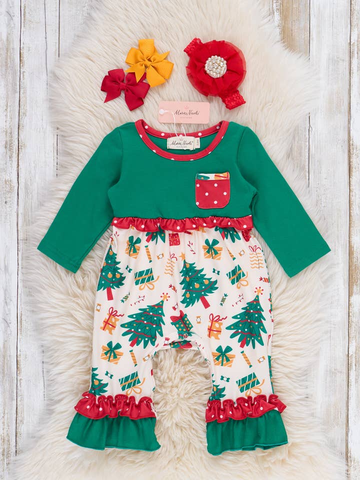 Christmas Morning Ruffle Romper for wholesale by Marie Nicole Clothing