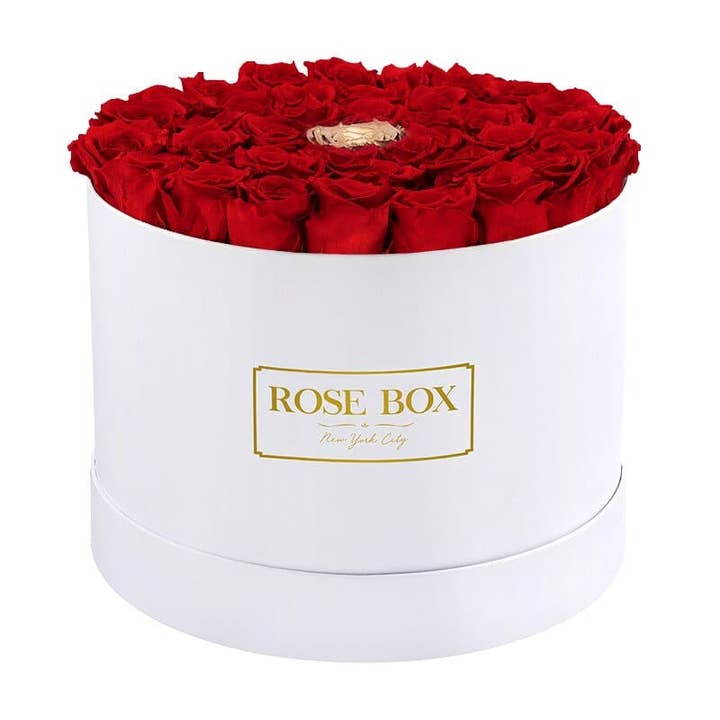 Large Round White Box with Red Roses and Center Gold for wholesale by Rose Box NYC
