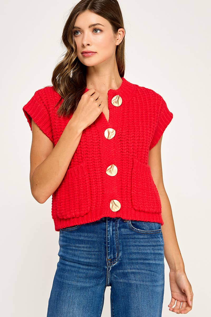 Miss Love - Wholesale Sweater Vest - Women's - CHUNKY KNIT BUTTON-FRONT VEST TOP18
