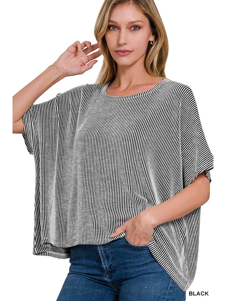 Vanilla Monkey - Wholesale Knit Top - Women's - Ribbed Striped Oversized Short Sleeve Top