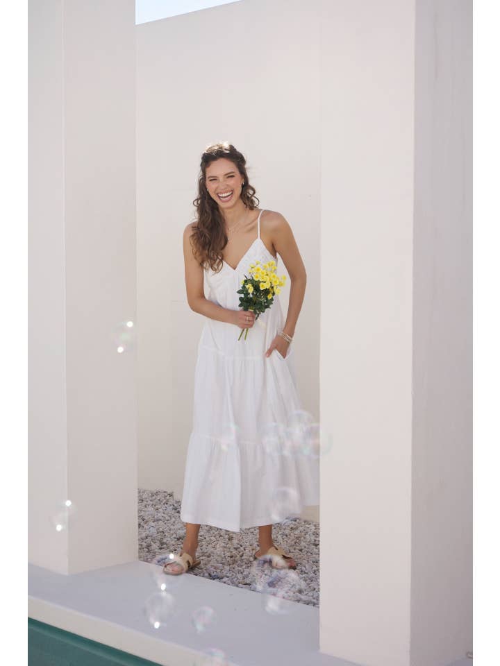 in february - Wholesale Dress - Women's - CROCHET FLARE SMOCKED MAXI DRESS WITH TIERED RUFFELES