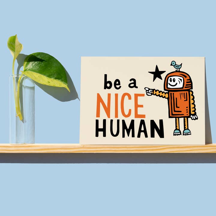 Be a Nice Human Orange Spaceman Greeting Card Blank for wholesale by Block21Prints