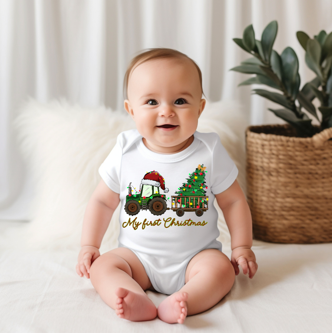 AvaryMaeInspirations - Wholesale Bodysuit (Non-Footed) - Baby - My First Christmas Christmas Onesie, Tractor and Tree Farm0