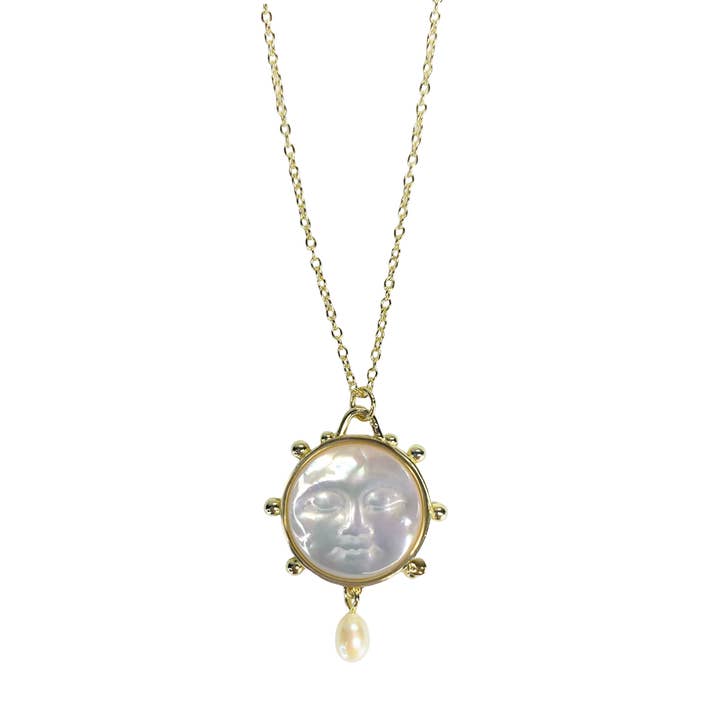 Lunar Illusions Pearl Moon Pendant Necklace for wholesale by Benny Loves Stella