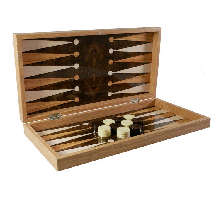 WorldWise Imports – wholesale Brädspel – Backgammon- Burlwood Decoupage hopfällbar Set
