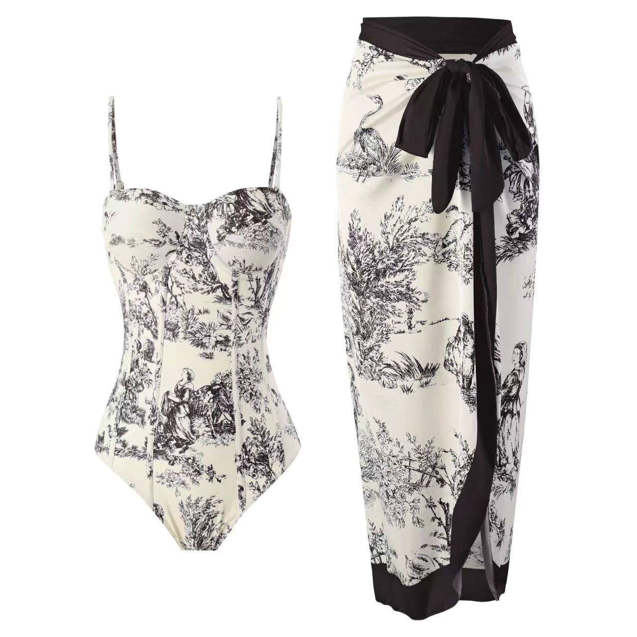 Dipped Shop - Wholesale Two Piece Swimsuit - Women's - Vintage Print Slim Fit Swimwear with Cover Dress DPSW10189