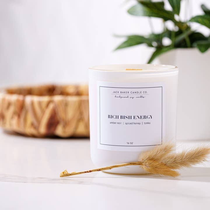 Jack Baker Candle Co - Wholesale Jar/Filled Candle - White Linen Collection - Rich Bish Energy 16 oz1