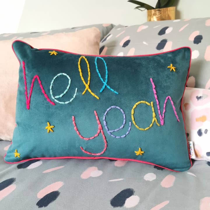 Hell Yeah Embroidered Teal Cushion for wholesale by JordanLovellA