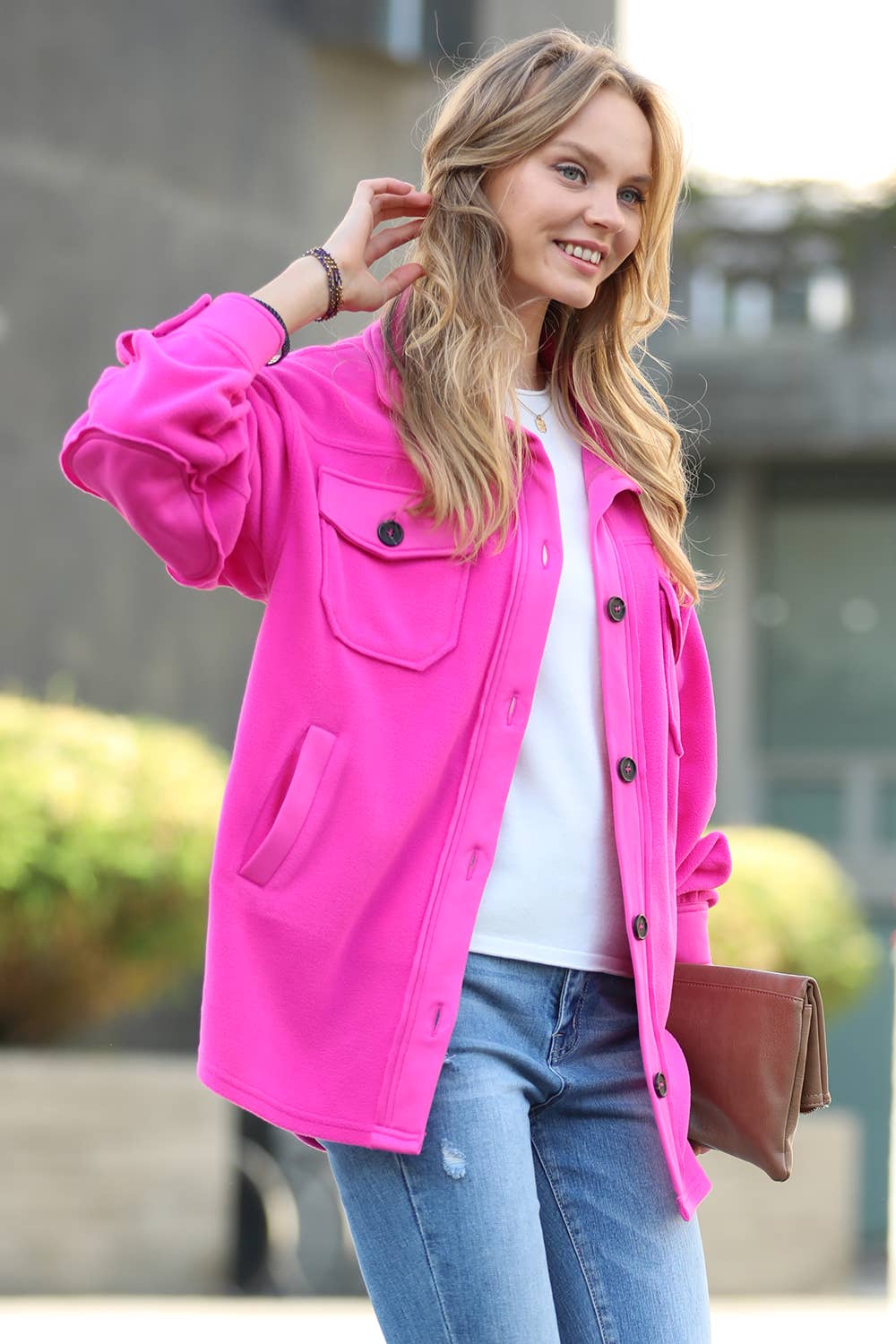 42POPS - Vendita all'ingrosso Giacca a camicia - Donna - ", Giacca in pile basic/oversizee con toppe sui gomiti4