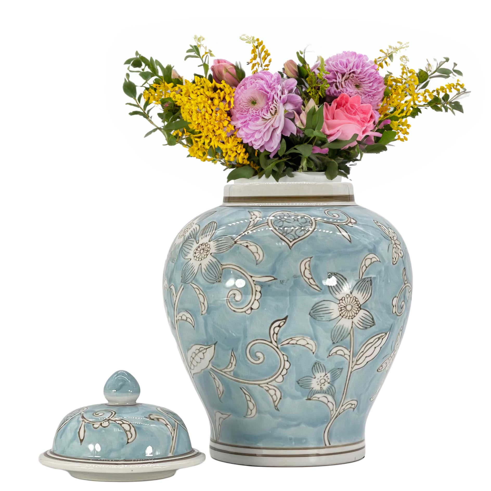 Galt International Company - Vente Bocal décoratif - Jarre en céramique chinoiserie florale 30 cm4