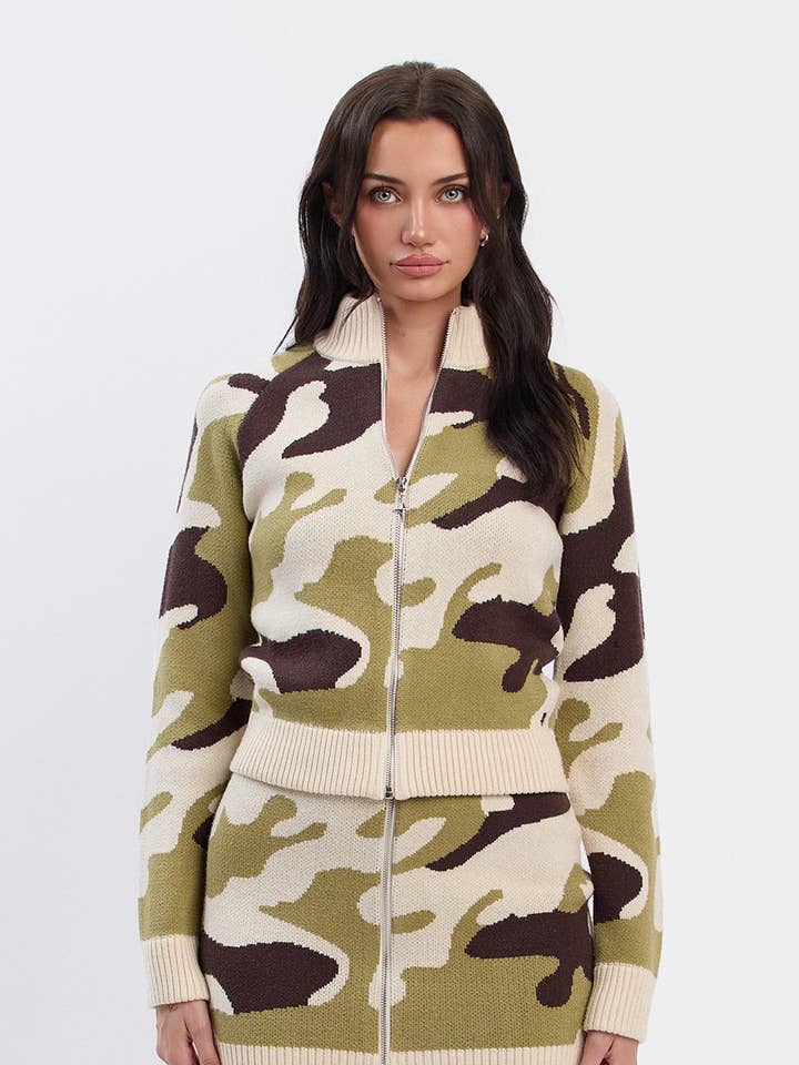 Thick camo print ribbed knit zip up top for wholesale on Faire1